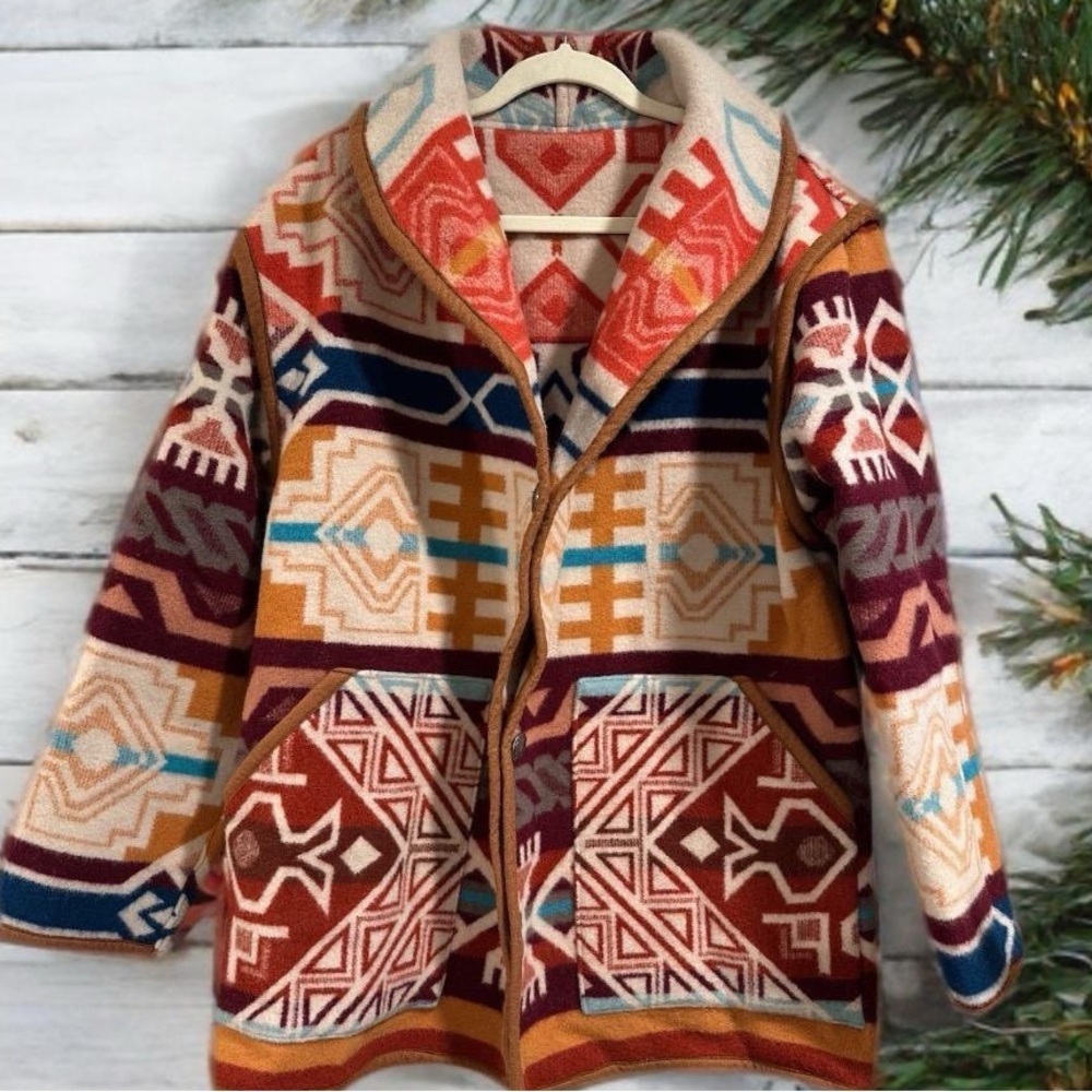 Justin Kraff Reversible Wool Car Coat Southwestern Oversized 12-14 Medium/Large